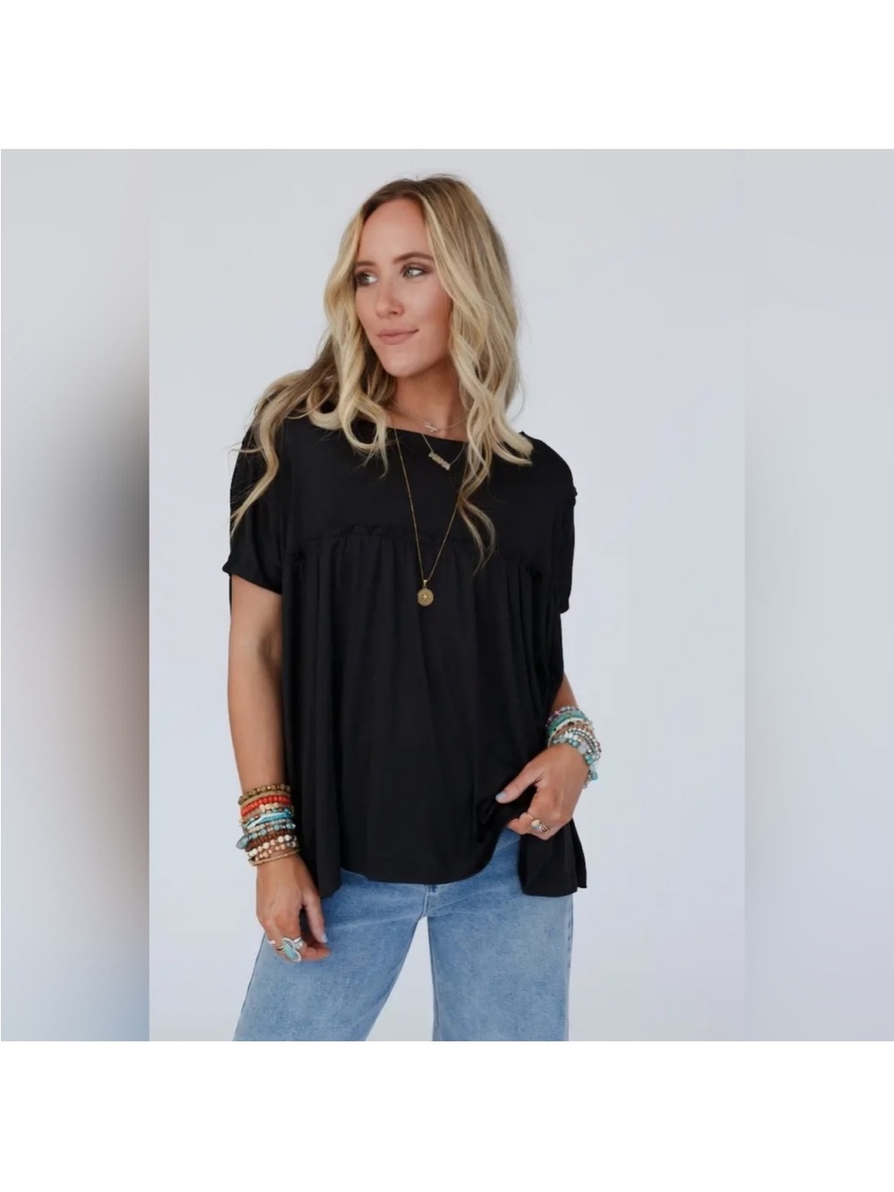 Three Bird Nest Black Short-Sleeve Peasant Tunic Top